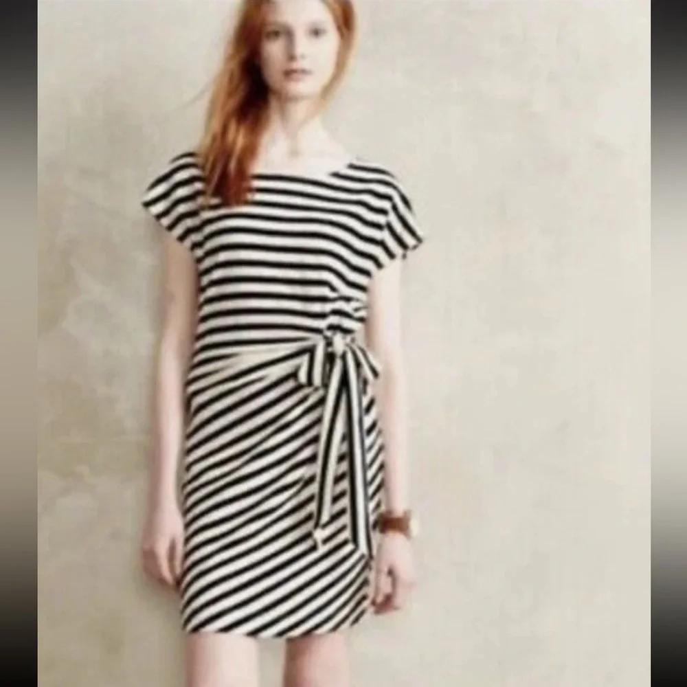 Anthropologie Saturday Sunday Womens Dress small Navy White Stripe Waist Tie - Picture 2 of 5